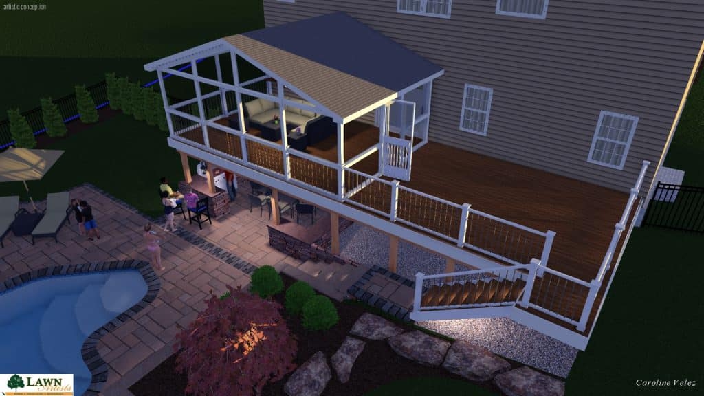 3D image of design for back of house with deck and pool
