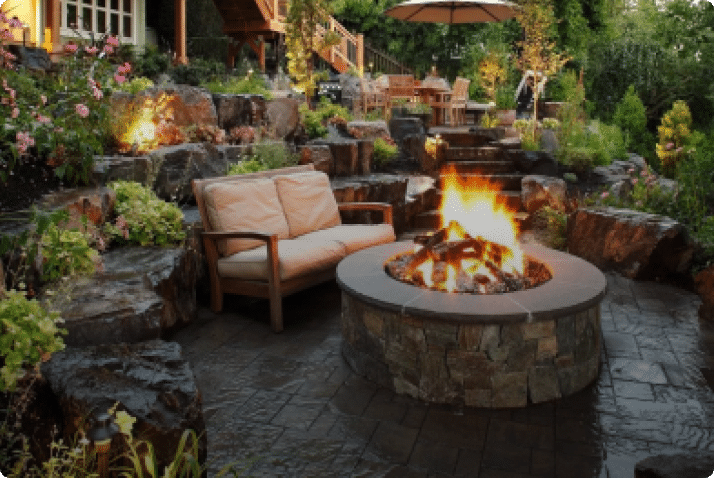 patio with firepit, night