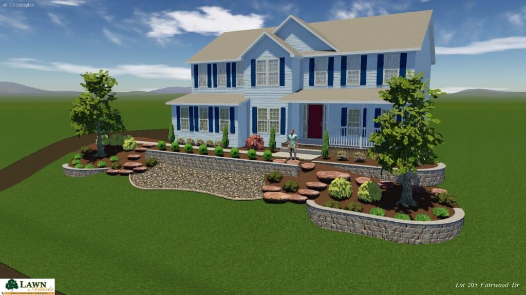 software screenshot of house with retaining wall front yard
